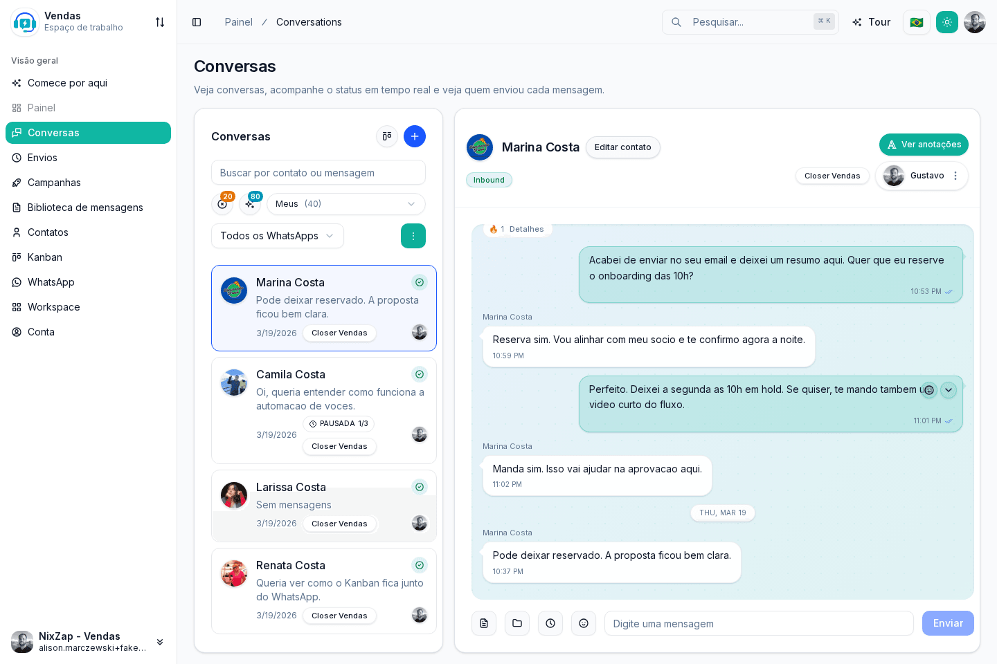Caixa de entrada da NixZap com responsável por conversa, histórico e ações do time em tempo real.